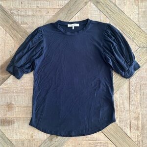 Frame-Elegant Navy Blue Puff Sleeve Shirt